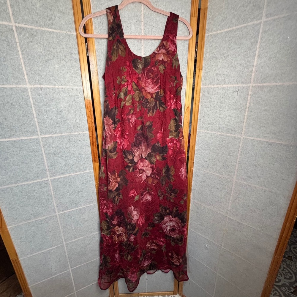 K Studio Floral Maxi Dress 14 Red Rose Print Crinkle Chiffon Sleeveless Y2K